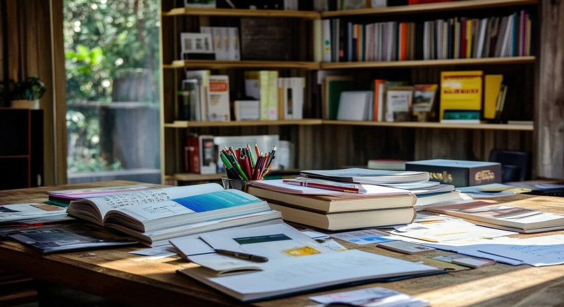 A desk covered in the best marketing books for real estate agents. 